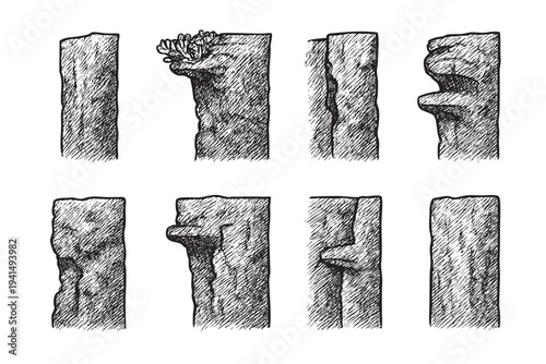 Collection of engraved architectural stone pillars and pilasters. Hand-drawn illustration provides an antique aesthetic useful for design elements in historical or fantasy projects.