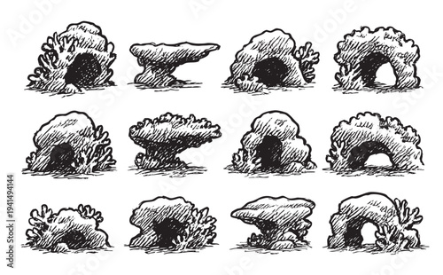 Black and white seamless pattern featuring different cave and rock shelter drawings, perfect for backgrounds or illustrative design projects.