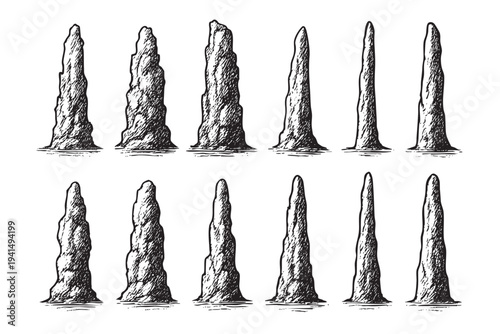 Hand-drawn illustration featuring several black stalagmites in varying shapes against a clean white background, perfect for geological or fantasy illustrations.