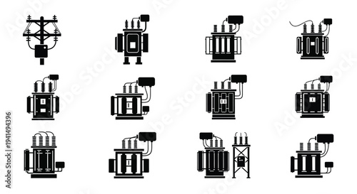 Collection of electrical substations and transformers in a bold graphic silhouette