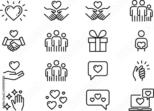 Charity and community vector icon set featuring minimalist line art of hearts, helping hands, family, gifts, and social support.