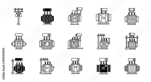 Collection of electrical transformers in a flat black and white silhouette high quality