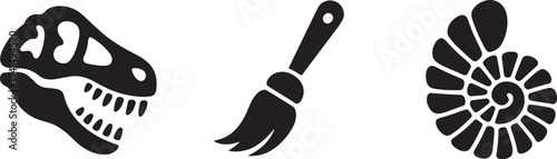 Archaeological excavation icons collection with fossil, ancient brush, and ammonite shell
