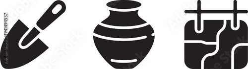 Archaeology exploration tools set with handheld garden shovel antique clay vase and site map