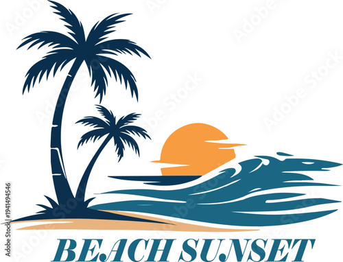 Palm tree sunset beach typography design logo with tropical palm silhouette and setting sun over ocean waves, stylish beach lettering, modern minimalist vector illustration, clean lines, balanced comp
