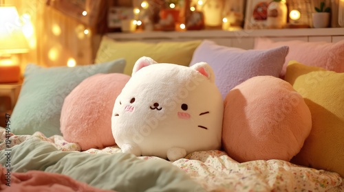 White cat plush toy surrounded by pastel pillows in cozy bedroom setting, soft lighting emphasizing warmth, comfort, and adorable design