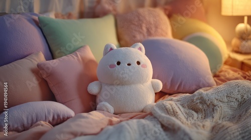 White cat plush toy surrounded by pastel pillows in cozy bedroom setting, soft lighting emphasizing warmth, comfort, and adorable design