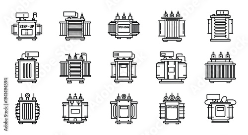 Collection of electrical transformers in a linear arrangement black and white silhouette