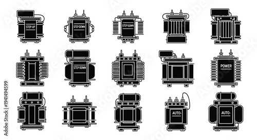 Electrical transformers and power equipment icons in a repeating pattern silhouette