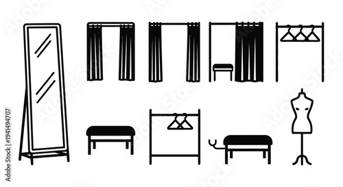 Minimalist furniture icons including a mirror chairs and dress form silhouette