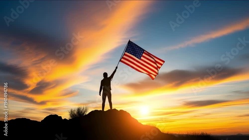 Man standing on hill holding american flag at sunset with cloudy sky