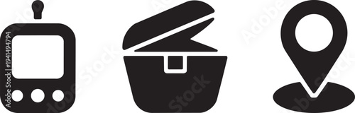 Black silhouette icons featuring a walkie-talkie, treasure chest, and location pin