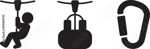 Black silhouette icons featuring zip line activities and a climbing carabiner hook