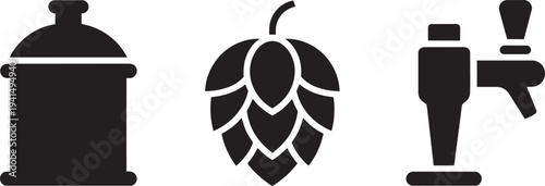 Brewery equipment symbols featuring fermentation vessel natural hops plant and draft tap handle