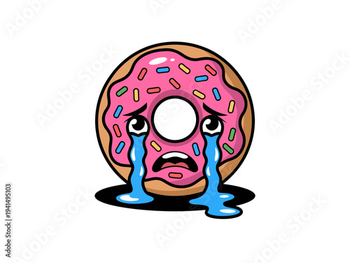 A sad cartoon donut with pink frosting and colorful sprinkles crying blue tears on a white background