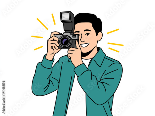 A cartoon man taking a photo with a camera and a big smile on his face