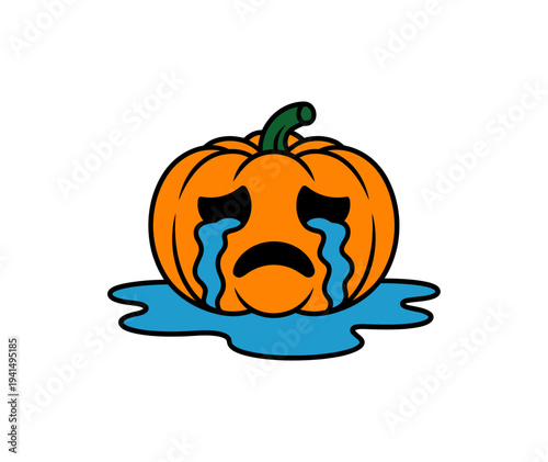 A cartoon pumpkin with a sad face and tears melting into a puddle of water on a white background