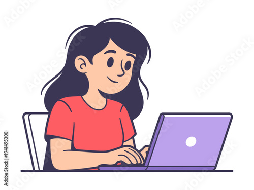 A young girl sitting at a desk working on a purple laptop with a smile