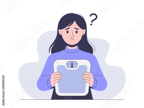 A concerned woman holding a scale with a puzzled expression, wondering about her weight.
