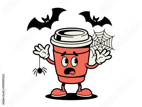 A cartoon coffee cup character with a frightened expression surrounded by Halloween elements