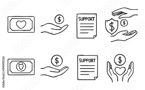 Black and white hand drawn illustration set depicting charitable giving, donation, and support. Includes icons of hands, money, hearts, support documentation and shield.