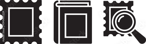 Philately and stamp collecting icons with magnifying glass and album