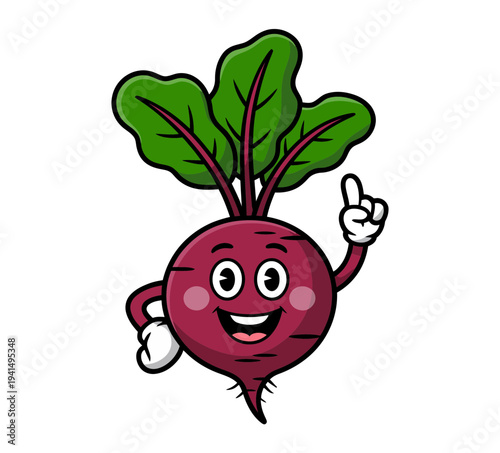 A cheerful cartoon beetroot with a smile and a thumbs up, symbolizing happiness and healthy eating.