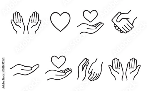 Black and white line art illustrations of hands showing love, care, support, and partnership, ideal for designs needing themes of kindness, charity, or relationships.