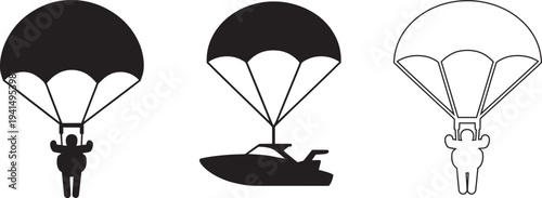 Set of black silhouette icons depicting parasailing and skydiving activities