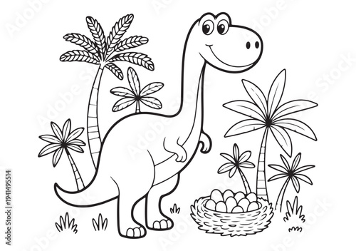 A friendly cartoon long neck dinosaur stands among palm trees next to a nest of eggs