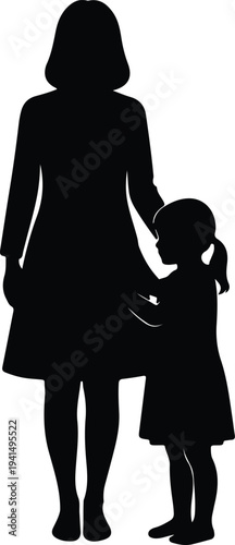 Vector mother and daughter standing together showing family love silhouette design