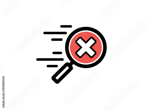 A magnifying glass icon with a red circle and white cross symbolizing search or rejection in a modern flat design style.