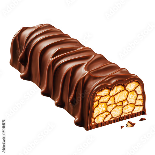 Chocolate Protein Bar with Crispy Peanut Center Isolated on White Background for Snack Branding and Confectionery Advertising.