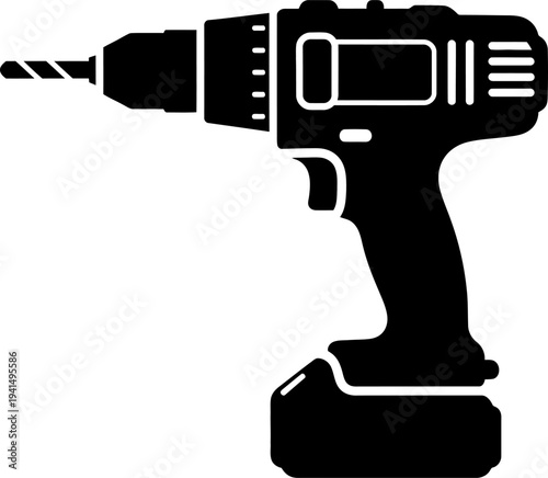 Black power drill icon silhouette for construction and diy projects