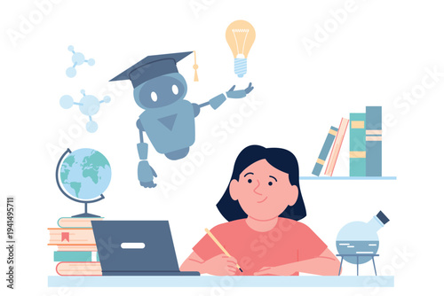 Homework with ai. Artificial intelligence help girl in study, giving new ideas and solutions. Robot teacher for young student, digital tech in education recent vector scene
