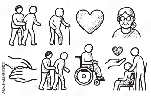 A sketched icon set shows caregivers assisting the elderly and disabled with mobility, love, and support, perfect for illustrating social services and healthcare concepts.