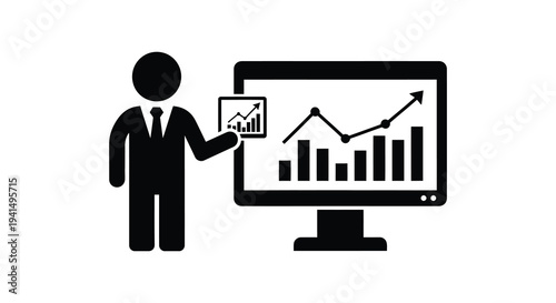A business presentation occurs featuring a person presenting data from a computer screen in silhouette high quality professional detailed modern elegant