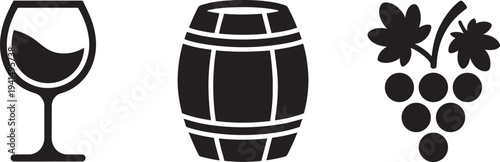 Wine production elements including elegant glass wooden storage barrel and fresh grape bunch