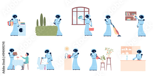 Ai doing housework. Robots housekeepers, modern digital technologies helpers. Android cleaning, washing dish, planting, using clean tools, recent vector set