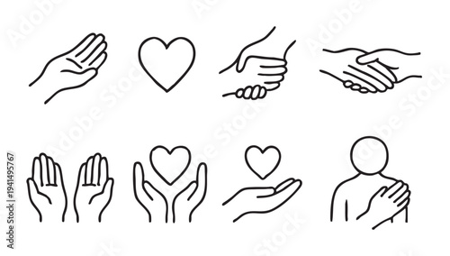 A set of simple line art drawings of hands showing gestures of love, care, and support, perfect for graphics conveying empathy and community.