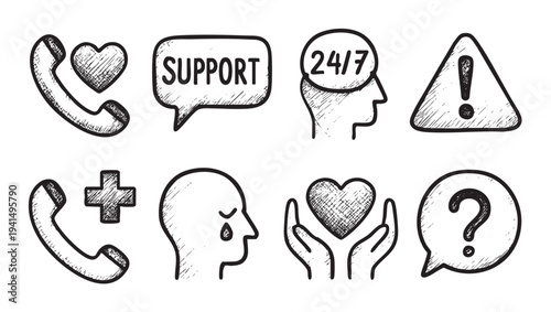 Black and white doodle style vector icons representing customer service, support, and emotional assistance in a hand-drawn, sketch-like aesthetic isolated on a clean white background.