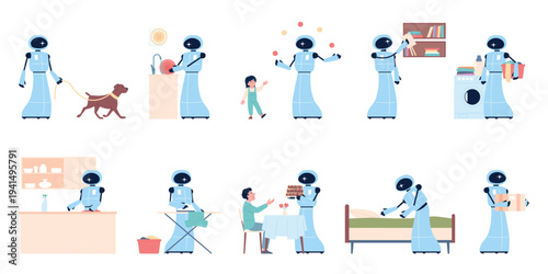 Robot housekeepers. Android character cleaning home, makes bed, walks dog, ironing, sitting with child, delivery parcel. Digital technologies, recent vector set