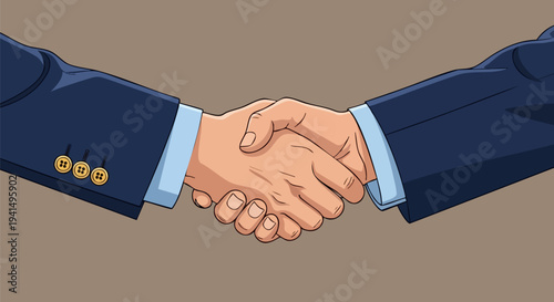 Professional Business Handshake Vector Illustration Depicting Agreement, Partnership, and Deal Closing Between Two People in Dark Blue Suits