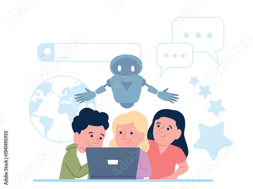 Children chatting with ai chat bot. Kids using artificial intelligence for internet surfing, looking answers, problem solution. Digital tech in education, recent vector scene