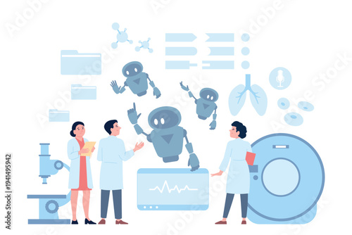 Doctors chatting with ai. Androids help in medical chemical researches, for laboratory workers. Making diagnosis with artificial intelligence, recent vector scene