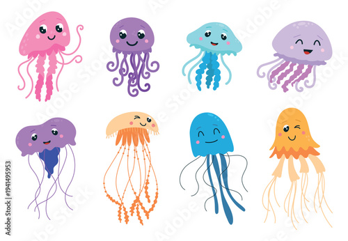 Jellyfish characters. Cartoon jellyfish, underwater funny animals swimming. Cute children mascots, isolated wild ocean sea creatures, classy vector set
