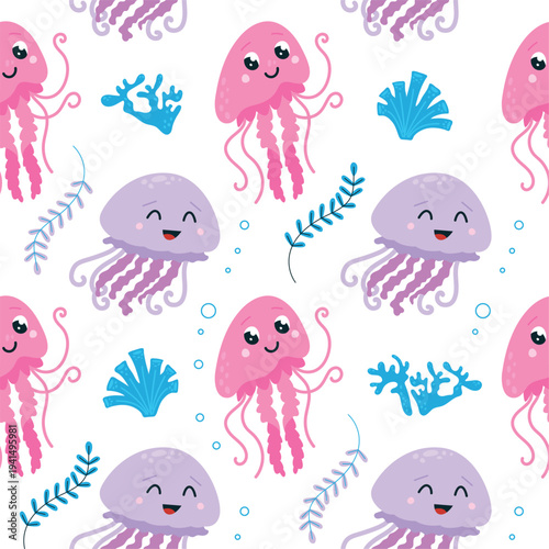 Cute jellyfish seamless pattern. Funny jellyfish, cartoon underwater creatures. Ocean sea animals, print for fabric, textile, wallpaper, classy vector background