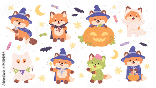 Halloween fox characters. Cute foxes different costumes. Funny animal witch, in slime, ghost and mummy, vampire. Cartoon children mascots, racy vector clipart