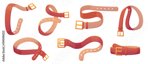 Leather strap various positions and angles. Isolated narrow belt for men women trousers or pants. Fashion accessory for cloth, nowaday vector set