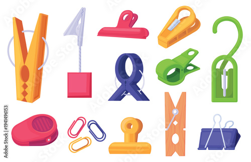 Clip holders. Cartoon office clips for paper and documents, wooden plastic clothe pins. Metal clamp, frip and clutch. Stationery nowaday vector elements